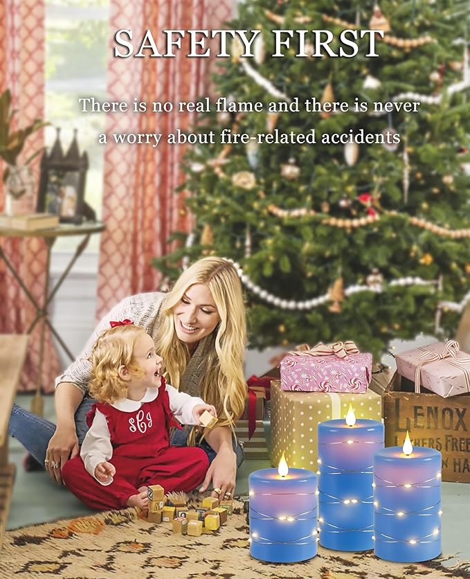 Da by Flameless Candles with String Lights，Battery Operated Candles,LED Flickering Candles with Remote Control and Timer, Real Wax, 3 Pack-Blue
