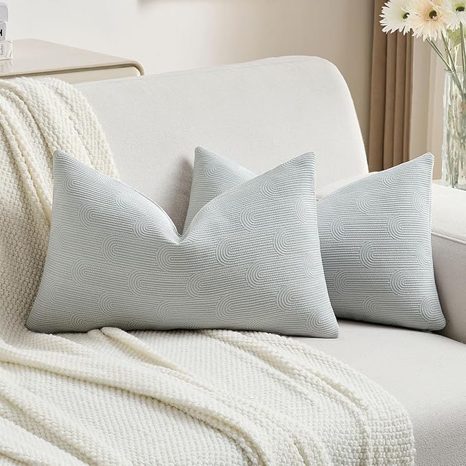 FUTEI Light Grey Chenille Decorative Throw Pillow Covers 12x20 Inch Set of 2,Soft Cozy Striped Geometric Patterns Lumbar Pillow Cases,Modern Home Decor for Couch Bed Living Room