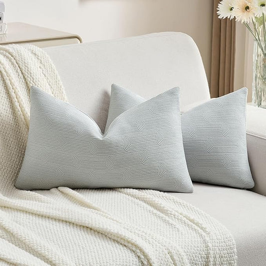 FUTEI Light Grey Chenille Decorative Throw Pillow Covers 12x20 Inch Set of 2,Soft Cozy Striped Geometric Patterns Lumbar Pillow Cases,Modern Home Decor for Couch Bed Living Room