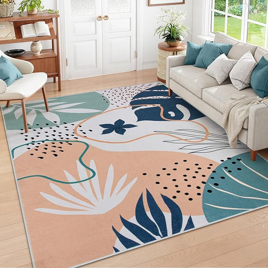 Lahome Machine Washable Rugs 8x10 - Ultra-Thin Soft 8x10 Rugs for Living Room Non-Slip Large Bedroom Rug, Boho Botanical Print Indoor Stain Resistant Floor Rug for Dining Room Table Office