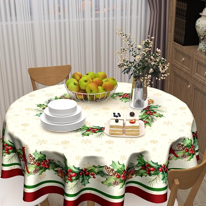 Christmas Holly Tablecloth Round 60 Inch Winter Red Birds Watercolor Leaves Decorative Table Cloth Christmas Holiday Round Table Cover Seasonal for Home Kitchen Dining Party Indoor Outdoor Decor