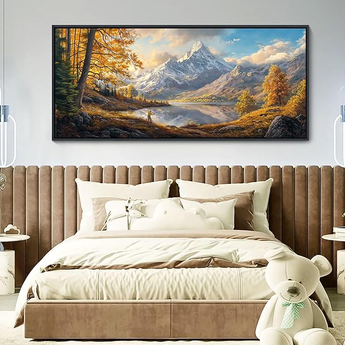 YCPRIMER Extra Large Landscape Wall Art - Mountain Canvas Wall Decor Nature Forest Picture Yellow Tree Painting Moon Art for Living Room Bedroom Dining Room Decoration Framed Artwork Size 70x31inchs