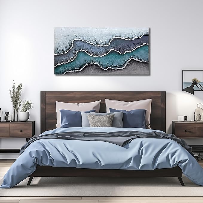 Beach Theme Painting Wall Art for Living Room Blue and White Canvas Wall Art for Office Hand Painted Wall Decor for Dining Room Size 20 x 40 Inch