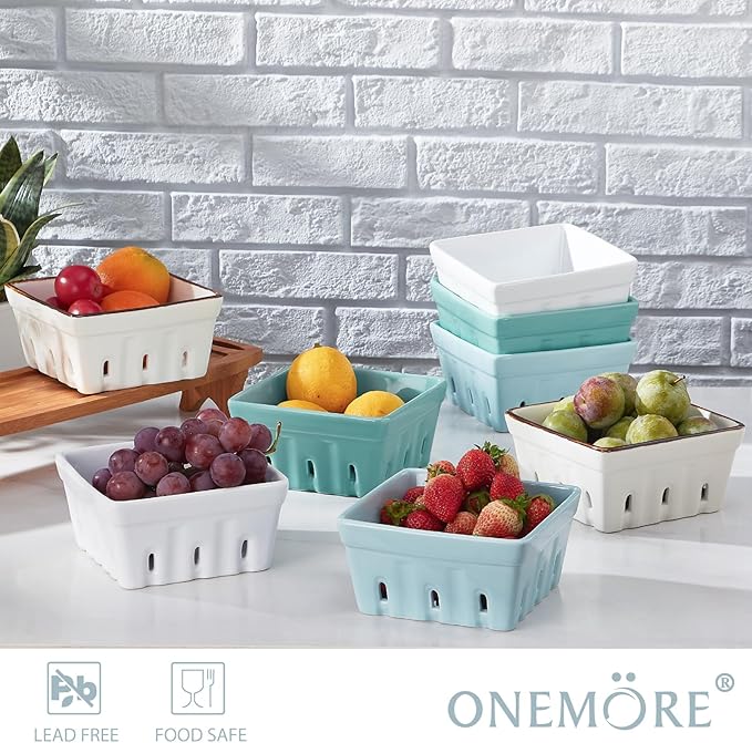 ONEMORE Ceramic Berry Basket Square Fruit Bowls with Holes Berry Bowl Colander Fruit Basket for Kitchen Décor - 5.8" Berry Containers for Fridge, Set of 2, Cream White
