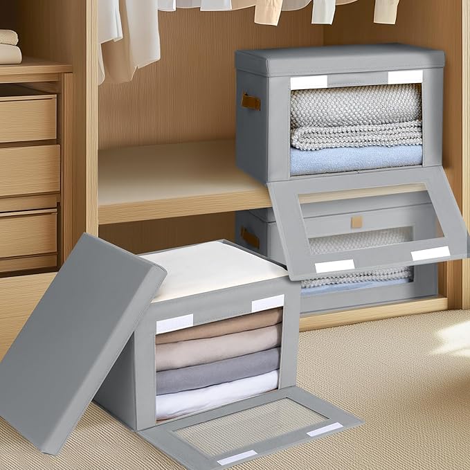 Large Closet Storage Bins - Collapsible Storage Bins with Handles & Window, Fabric Cube Organizer with Lids, Decorative Boxes for Living Room, Closet, Dorm, 4 Pack, Grey