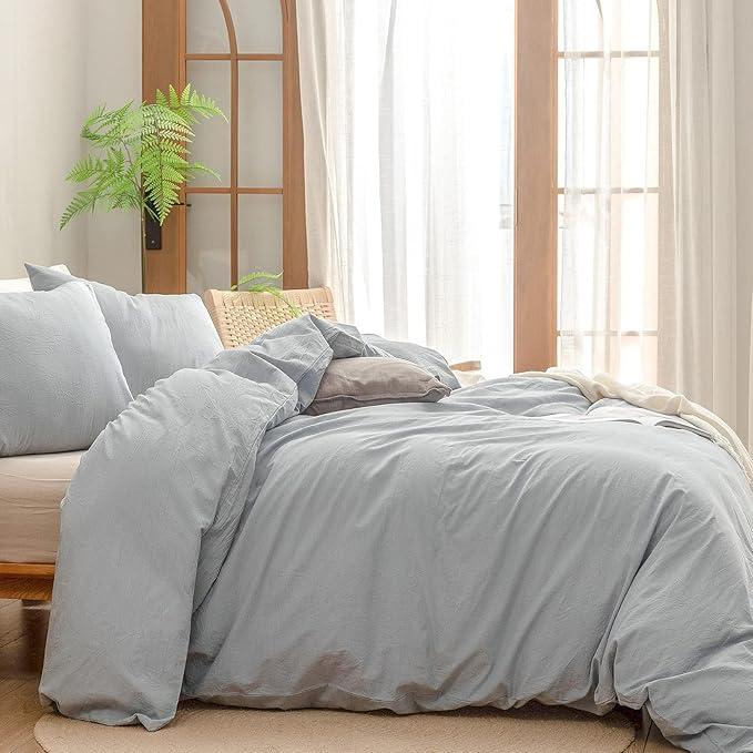BESTOUCH Duvet Cover Set 100% Washed Cotton Linen Feel Super Soft Comfortable Chic Lightweight 3 PCs Home Bedding Set Solid Cornflower Blue Oversized Full