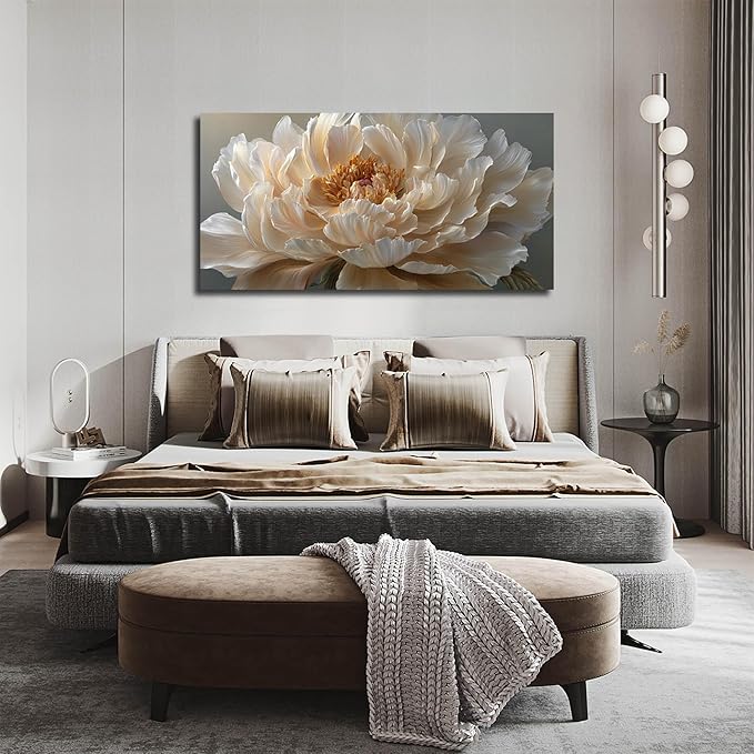 Ouzzlie Large Flower Canvas Wall Art Floral Wall Decor Light Yellow Peony Picture Art for Bedroom Living Room Office Modern Artwork Posters 29" x 59"