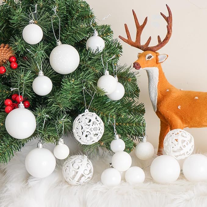Christmas Balls Tree Ornaments, Shatterproof Christmas Decorations Set with Reusable Hand-held Gift Package for Holiday Xmas Tree Decor(White)