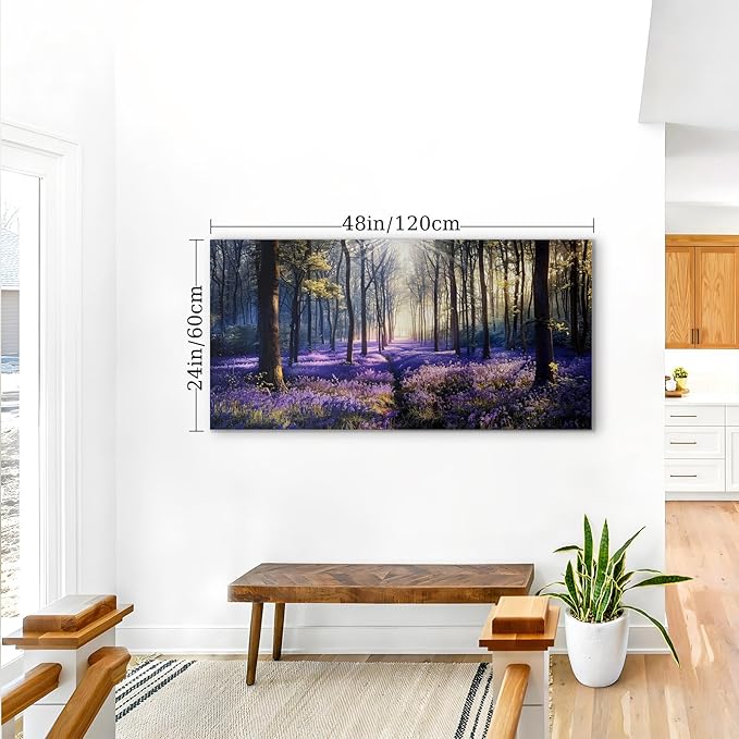 crmotu Purple Landscape Wall Art, Lavender Flower Field Large Artwork, Nature Forest Scenery Canvas Art Prints, Modern Pictures wall Decor Living Room Bedroom, Rustic Farmhouse Decor 24X48 Inches