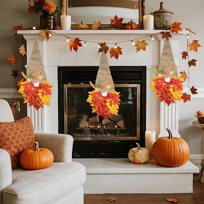 Fall Wreaths Gnome Door Hanging Garland with Maple Leaves LED String Lights, Artificial Maple Leaves Wreath for Autumn Harvest Thanksgiving Decoration Home Indoor Outdoor A