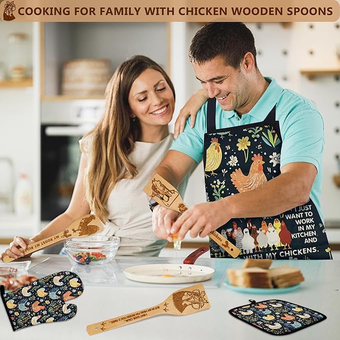 8pcs Chicken Bamboo Cooking Spoon with Apron and Oven Mitts, Rooster Kitchen Utensil Decor Gifts for Women Chicken Lovers,Roosters Themed Decorations for Home,Party Housewarming Presents Ideas