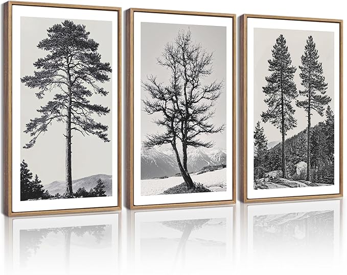 KUVIOKE Vintage Black Gray Forest Wall Art Framed Antique Retro Tree Prints Modern Rustic Artwork Bedroom Living Room Ready to Hang 12x16in (Natural Framed)