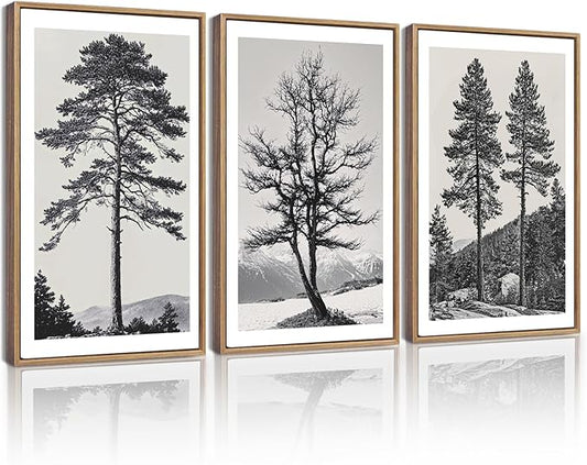 KUVIOKE Vintage Black Gray Forest Wall Art Framed Antique Retro Tree Prints Modern Rustic Artwork Bedroom Living Room Ready to Hang 12x16in (Natural Framed)