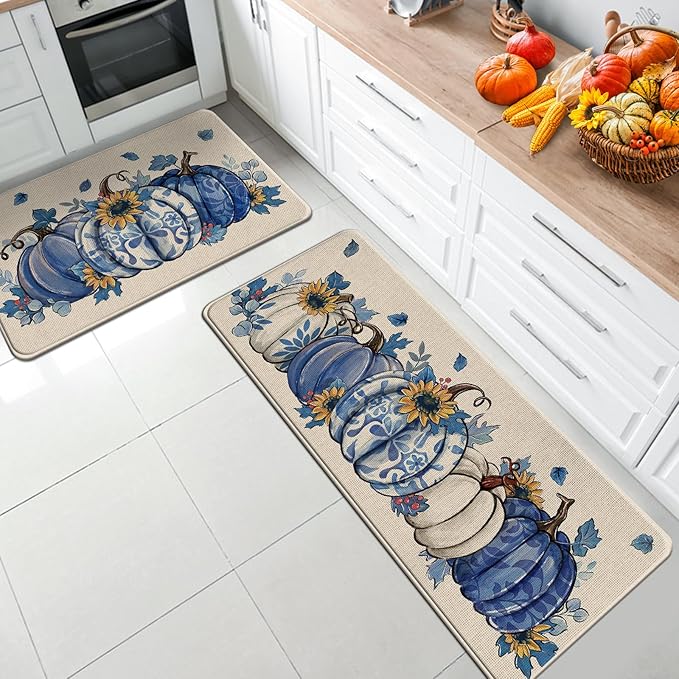 Fall Blue and White Porcelain Pumpkin Kitchen Rugs Set of 2, Autumn Sunflower Kitchen Mats Decor, Thanksgiving Seasonal Floor Door Mat Home Decorations - 17x29 and 17x47 Inch