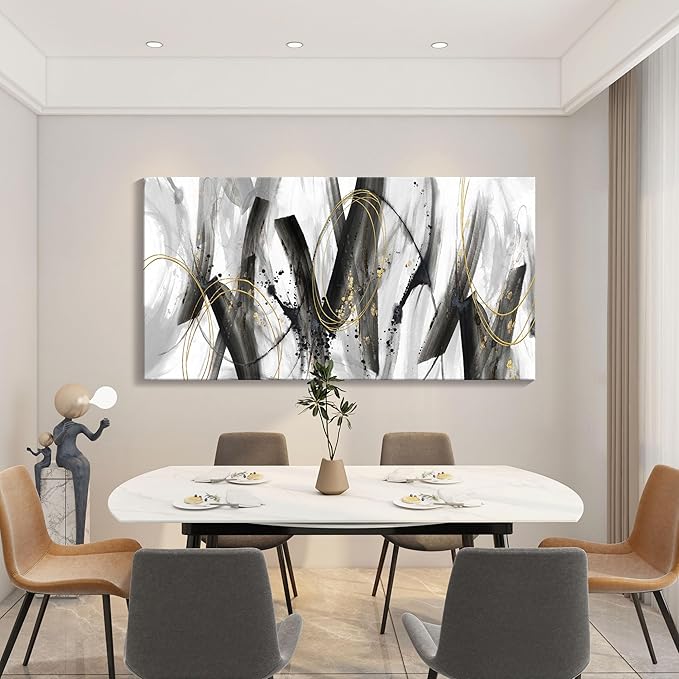 Large Modern Wall Art for Living Room, Bedroom, Office - Black and Gold Wall Pictures Abstract Paintings, Artwork - Black and White Wall Decor, Grey Tone29×58IN