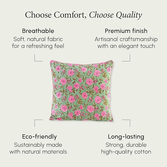 CPC 100% Cotton Throw Pillow Covers 20x20 Inch, Set of 2 Pink Block Print Pattern Couch Pillow, Cute Boho Decorative Pillows for Living Room, Bedroom with Hidden Zipper- Pink Tourmaline