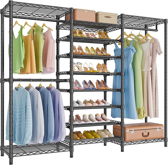 VIPEK S3 Heavy Duty Garment Rack Freestanding Clothes Rack Closet Storage Organizer Large Wardrobe with 6-Tier Shoe Rack, Hanging Rod, Adjustable Shelf, 68.9" L x 15.7" W x 76.4" H, Black