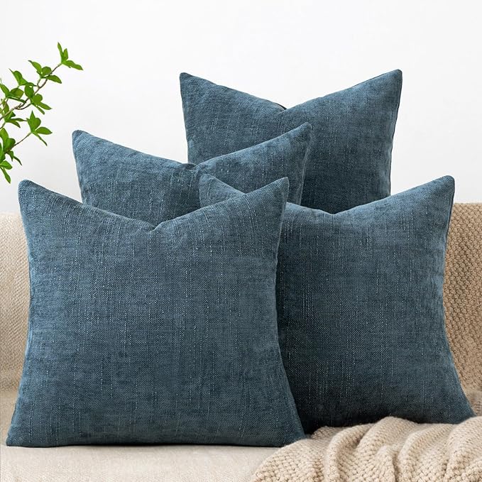 Set of 4 Soft Textured Decorative Throw Pillow Covers 16x16 Inch Cozy Farmhouse Cushion Cover Square Accent Pillow Cases for Bed Couch Sofa Living Room, Grey Blue