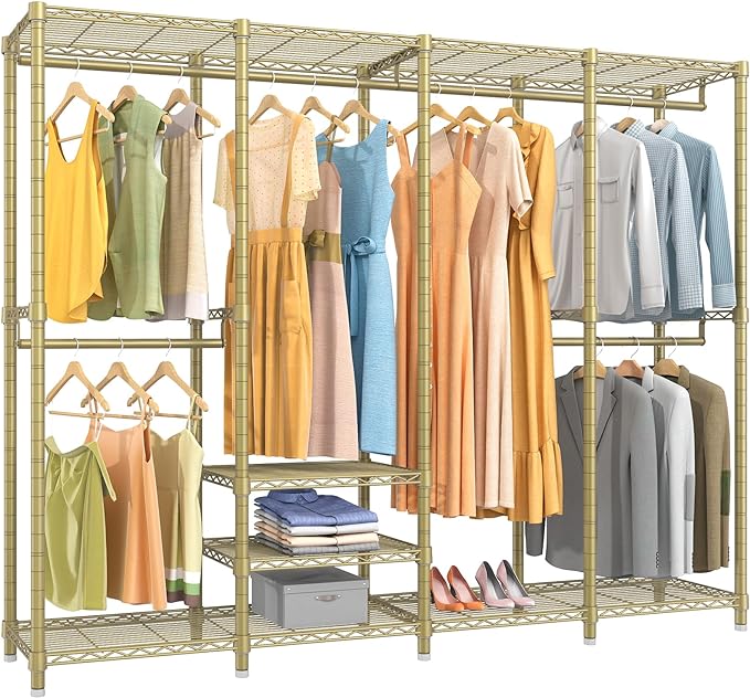 VIPEK V40 Wire Garment Rack Heavy Duty Clothes Racks for Hanging Clothes, Multi-Functional Metal Clothing Racks Bedroom Freestanding Wardrobe Closet Rack, 76" Lx15.7 Wx76.4 H, Max Load 1110lbs, Gold