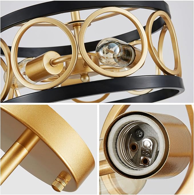 XINGQI 13" Modern Semi Flush Mount Ceiling Light Fixture, Black and Gold Drum Chandelier with Metal Shade Farmhouse Round Ceiling Lamp for Living Dining Room Bedroom