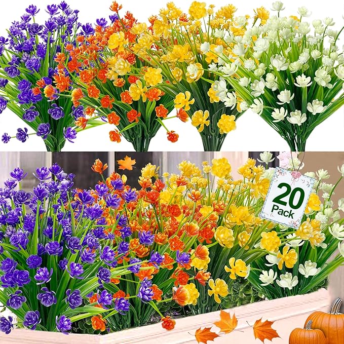 TURNMEON 20 Bundles Artificial Flowers for Outdoors Fake Plants Gardens Home Fall Decor, UV Resistant Artificial Plants Fake Flowers Faux Plastic Greenery Shrub Porch Patio Indoor Decorations 580 Head