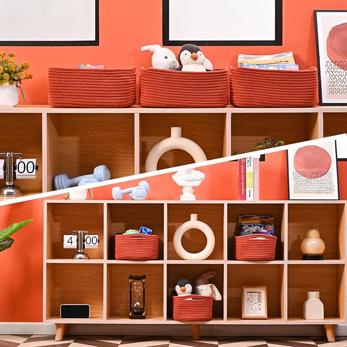 Small Red Woven Baskets for Organizing, Basket for Gifts Empty, Cotton Rope Baskets for Storage, Organizer Bins for Organization, 13"×8.5"×5.1" (3 Packs) Brick Red