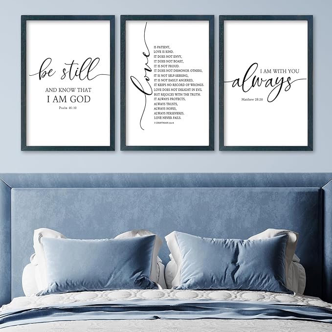 SRSZHIYUE Bible Verses Wall Decor Be Still Love Is Patient I Am With You Always 16"×11" Set of 3 Wooden Framed Scripture Living Room Wall Hanging Art (Black)