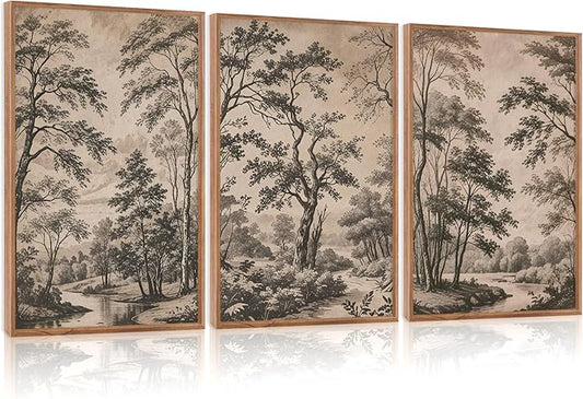 CHDITB Vintage Forest Framed Canvas Wall Art Set, Nature Tree Botanical Wall Decor，Scenic Art Spiritual Wall Painting, Neutral Artwork Wilderness Art Prints for Living Room Bedroom Office 16"x24"x3