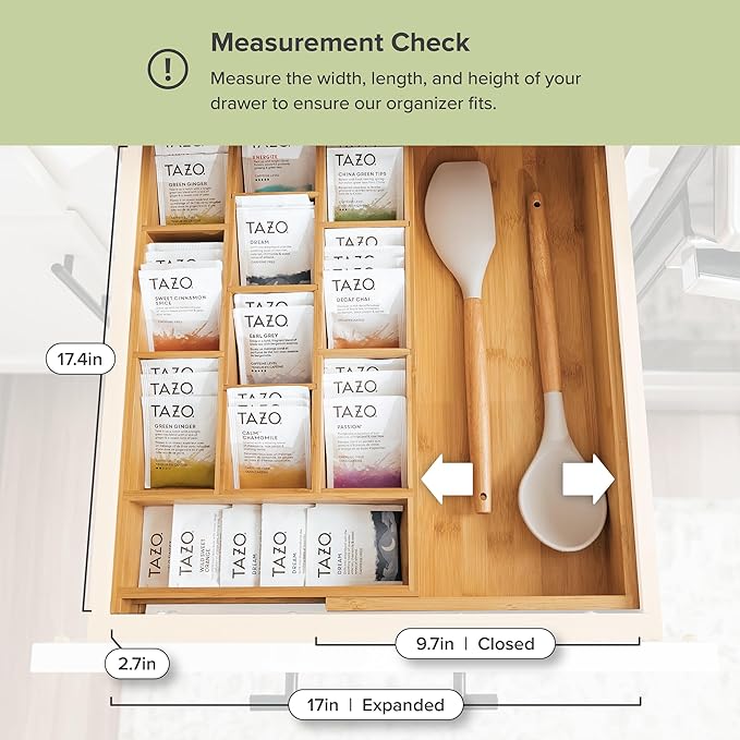 Tea Bag and Coffee Pod Kitchen Drawer Organizer, Expandable 9.7 to 17 Inches, 10 Accessory Compartments with Adjustable Wall Inserts, Non-Slip Rubber Feet, 100% Sustainable Bamboo Wood