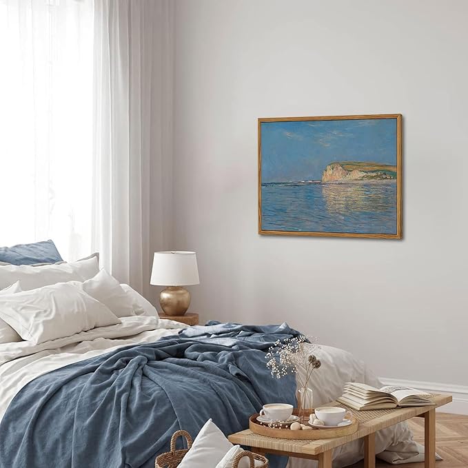 Framed Monet Coastal Wall Art Decor – Impressionist Beach Oil Painting Canvas Prints – Vintage Beachy Landscape Classic Aesthetic Wall Decor for Living Room Bedroom Bathroom – 16"x24"