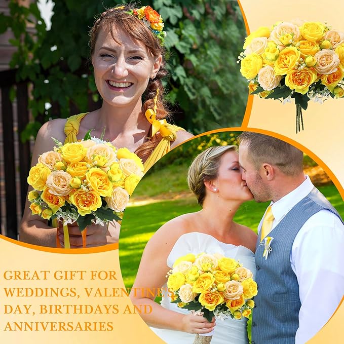Geosar 8 Bundles Artificial Peonies Flowers Fake Silk Peony Bouquet Faux Peonies Flowers Bulk for Decoration Vase Florals Arrangements Wedding Party Table (Yellow,Champagne)