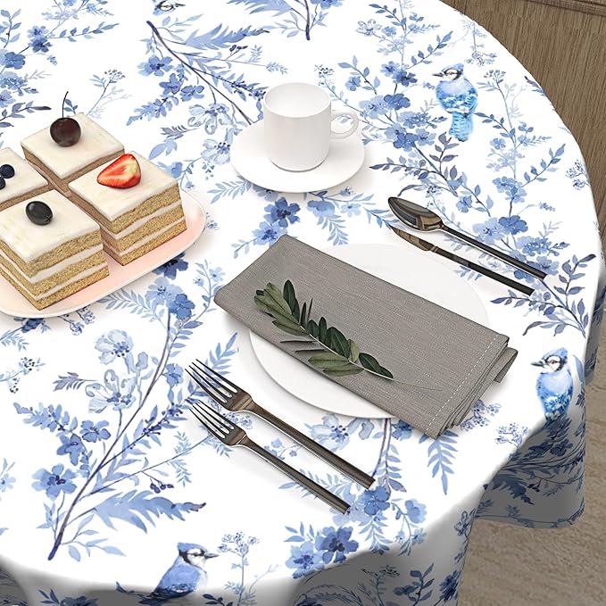 Blue Floral Round Tablecloth 60 Inch Chinoiserie Flowers Table Cloth Round Vintage Farmhouse Tablecloth Spring Blue White Floral Washable Round Table Cover for Home Picnic Dinner Table Decoration