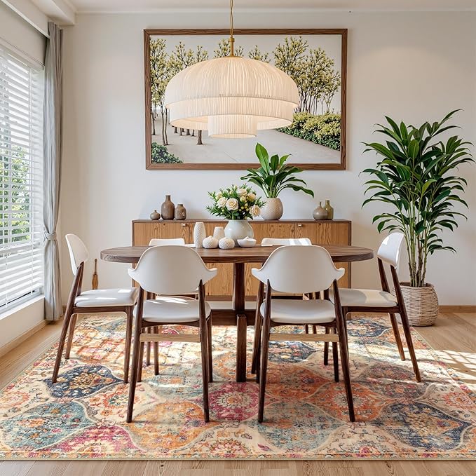 Lahome Moroccan Washable Area Rugs 9x12 Living Room, Soft 9x12 Area Rug for Bedroom, Oriental Non-Slip Non Shedding Throw Large Carpet for Dining Room Office, Cream/Multi