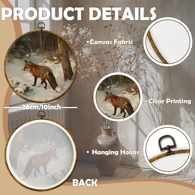 CUANFDDSF Vintage Winter Fox Round Wall Art Decor, Rustic Nature Snowy Forest Fox Wall Hanging Frame Decor, Cozy Winter Farmhouse Wild Animal Canvas Prints Decorations for Home Bedroom, 10x10 Inch