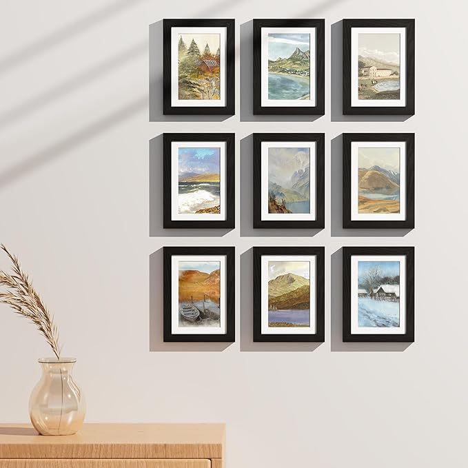 Vittanly 5x7 Picture Frames Set of 9, Shatter Resistant Plexiglass, Display 4x6 Pictures with Mat or 5x7 without Mat, Photo Frames for Wall or Tabletop, Engineered Wood, Black