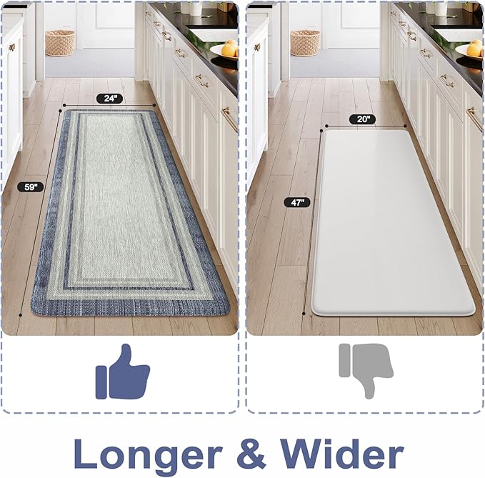 KIMODE Anti Fatigue Kitchen Mats for Floor, Farmhouse Rugs for Kitchen Floor, Cushioned Kitchen Floor Mat Non Slip, Comfort Memory Foam Standing Mat for Laundry Office Sink Desk Blue 24"x59"