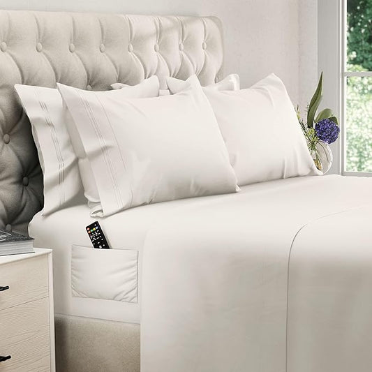 DREAMCARE Sheets Full Size Bed - Cooling Bed Sheets - 6pcs Set - Full Sheet Set - Full Size Sheets - Full Size Sheet Sets Soft & Long Lasting 100% Fine Brushed Polyester with Side Pocket - Ivory