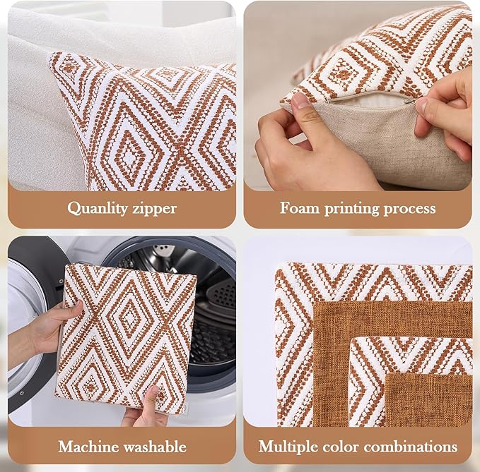 HPUK Decorative Throw Pillow Covers Set of 4 Geometric Design Linen Cushion Cover for Couch Sofa Living Room, 18"x18" inches, Golden Brown