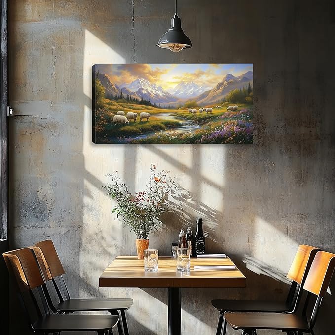 Kuiluuye Large Mountains Rivers Wall Art Wildflowers Rural Landscape Wall Art Painting Pictures Canvas Art Prints Countryside Wall Decor for Bedroom Farmhouse Living Room 48L x 24W