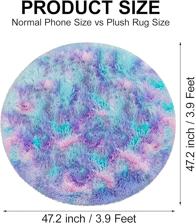 4x4 ft Tie Dye Rainbow Round Rug for Bedroom Room Fluffy Circle Rug Furry Carpet Shaggy Circular Fuzzy Washable Non-Slip Large Area Rug Soft Indoor for Living Room Cute Aesthetic Home Decor