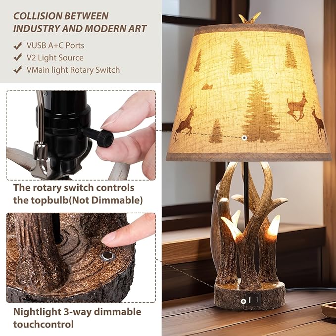 Rustic Antler Table Lamp Set of 2 – Touch-Control 3‑Level Dimming, Dual Light Source with Glowing Antler Night Light, USB‑C & USB‑A Charging Station, Bedroom & Living Room DécorLiving Room