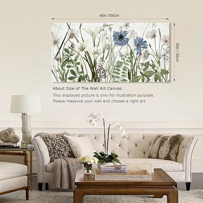 NINEASO Botanical Canvas Wall Art - Wildflower Pictures Floral Wall Decor Nature Prints Green Blue Flower Plants Painting Artwork for Living Room Bedroom Home Office Decorations 20" x 40"