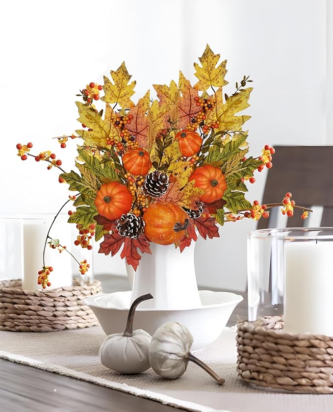 Artificial Fall Branches Table Centerpieces, Fake Pumpkins Pinecones Maple Leaves with Berries, 23.6" Fall Stems for Vase Falls Floral Stems Autumn Décor Farmhouse Kitchen Table Decorations 2 Pcs