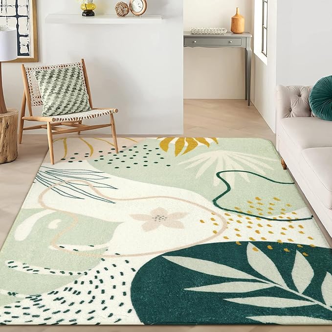 Lahome Green Washable Rugs 9x12 Living Room Rug, Non-Slip Backing Lightweight Extra Large Area Rug Ultra-Thin Throw Rus for Dining Room Table, Boho Botanical Print Soft Rug for Bedroom Classroom Home