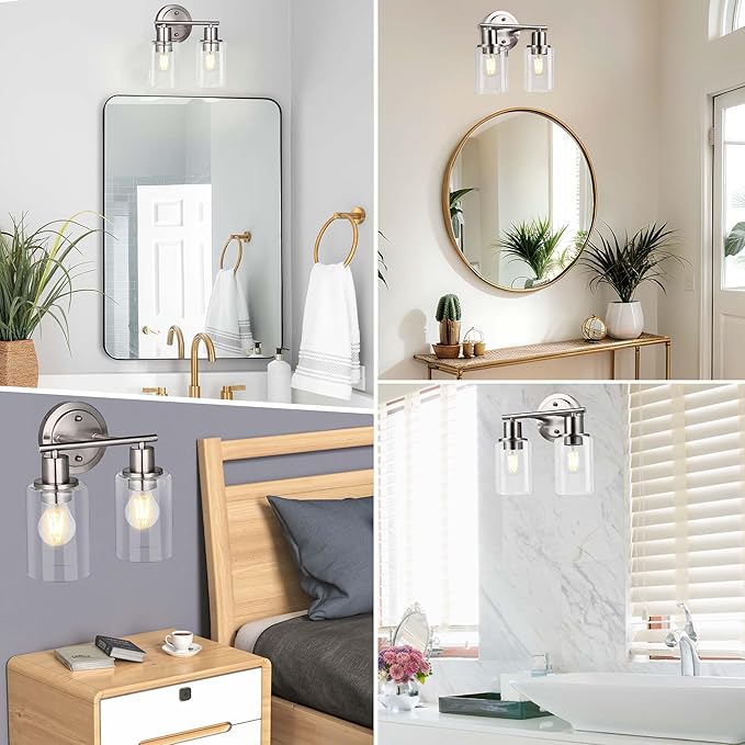 Brushed Nickel 2-Light Bathroom Lighting Fixtures Over Mirror - Brushed Nickel 2 Light Vanity Lights for Bathroom, 2-Bulb Wall Sconce Over Sink