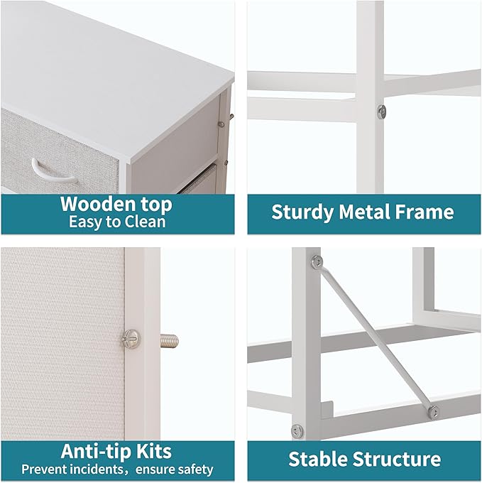 LUMTOK 10-Drawer Dresser, Fabric Dressers Drawers for Bedroom, Hallway, Nursery, Closets, Steel Frame, Wood Top, Easy Pull Handle (Light Grey)