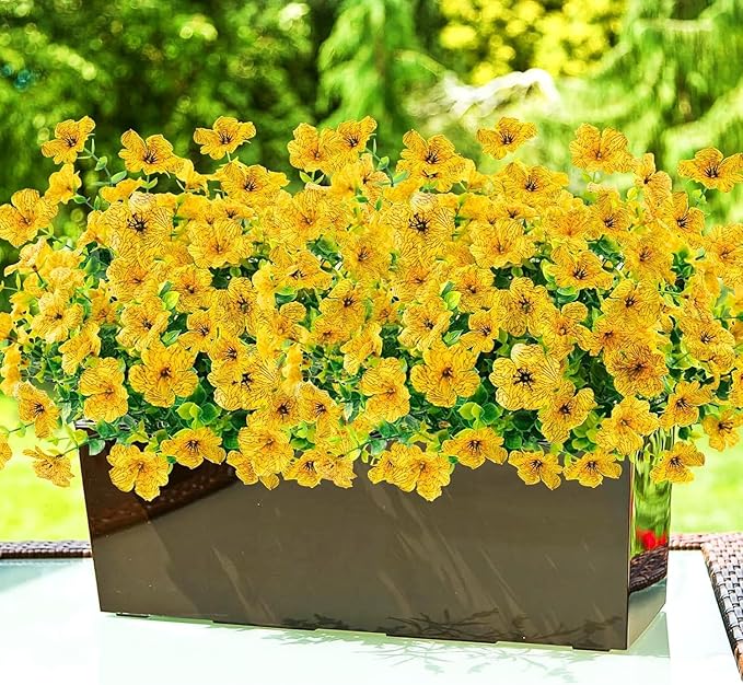 Agusbagli 24 Bundles Artificial Flowers Outdoor UV Resistant Fake Flowers No Fade Faux Plastic Greenery Shrub Plants for Wedding Home Garden Window Box Fireplace Thanksgiving Christmas Decor, Yellow