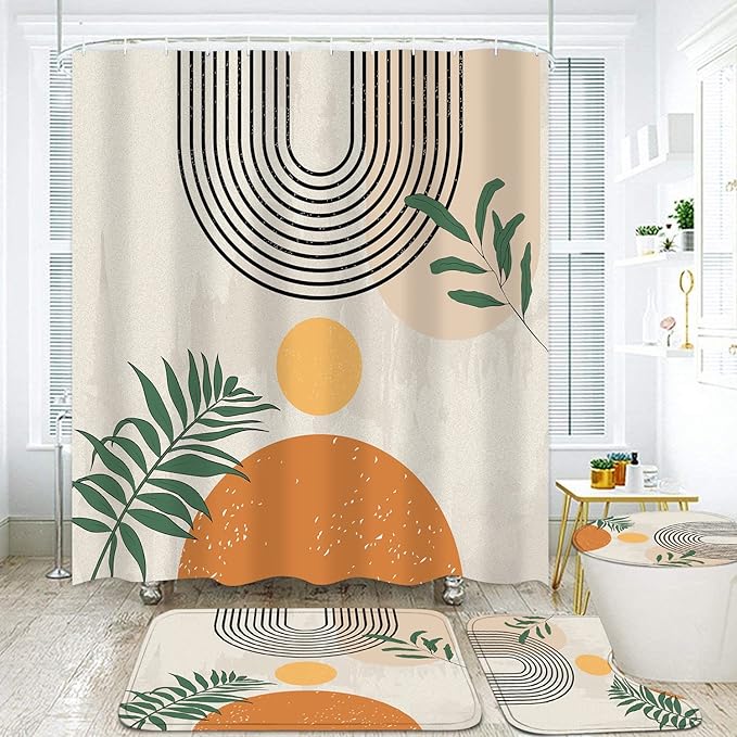 FZDHHY 4PCS Boho Shower Curtain Set Retro Orange Shower Curtain Bathroom Set with Rugs Abstract Shower Curtains for Bathroom with Carpet Bath Mat Toilet Rugs