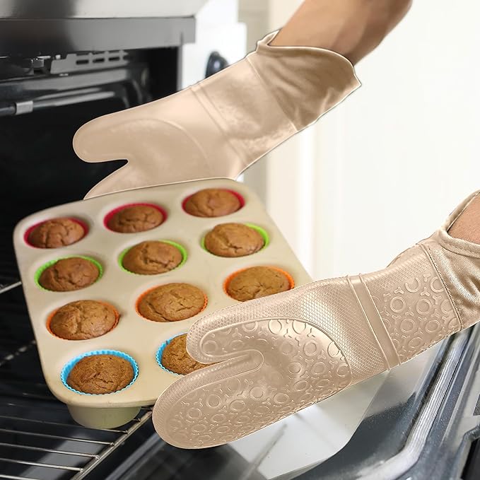 BPA-Free Silicone Oven Mitts Ultra Heat Resistant up to 500°F - Oven Mitts with Thick Cotton Liner - Long Slip Resistant Pot Holders, Flexible Oven Gloves - Beige 14.7