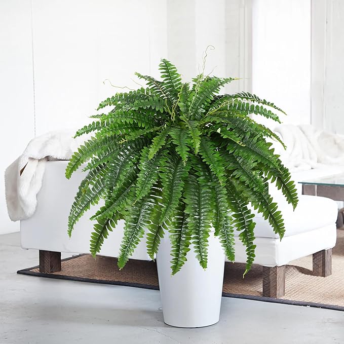 Artificial Boston Fern Bush- Set of 2 Large Artificial Ferns for Outdoors, 45Inch Large Faux Ferns, Suitable for Office & Living Room Decor, 55Branches for Each Bouquet